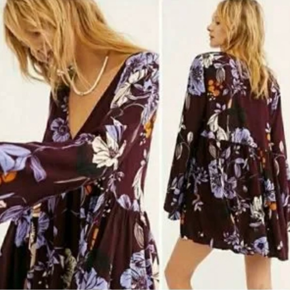 Free People Floral Long Sleeve Dress - Purple and Blue